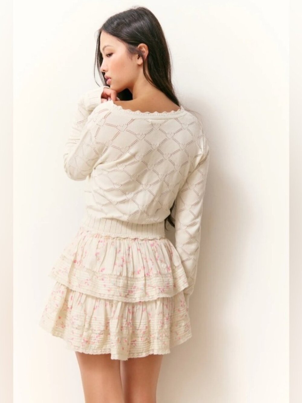 NWT LoveShackFancy Petra Knit Heart Argyle Cardigan Parchment Cream Ivory | S - Picture 4 of 14